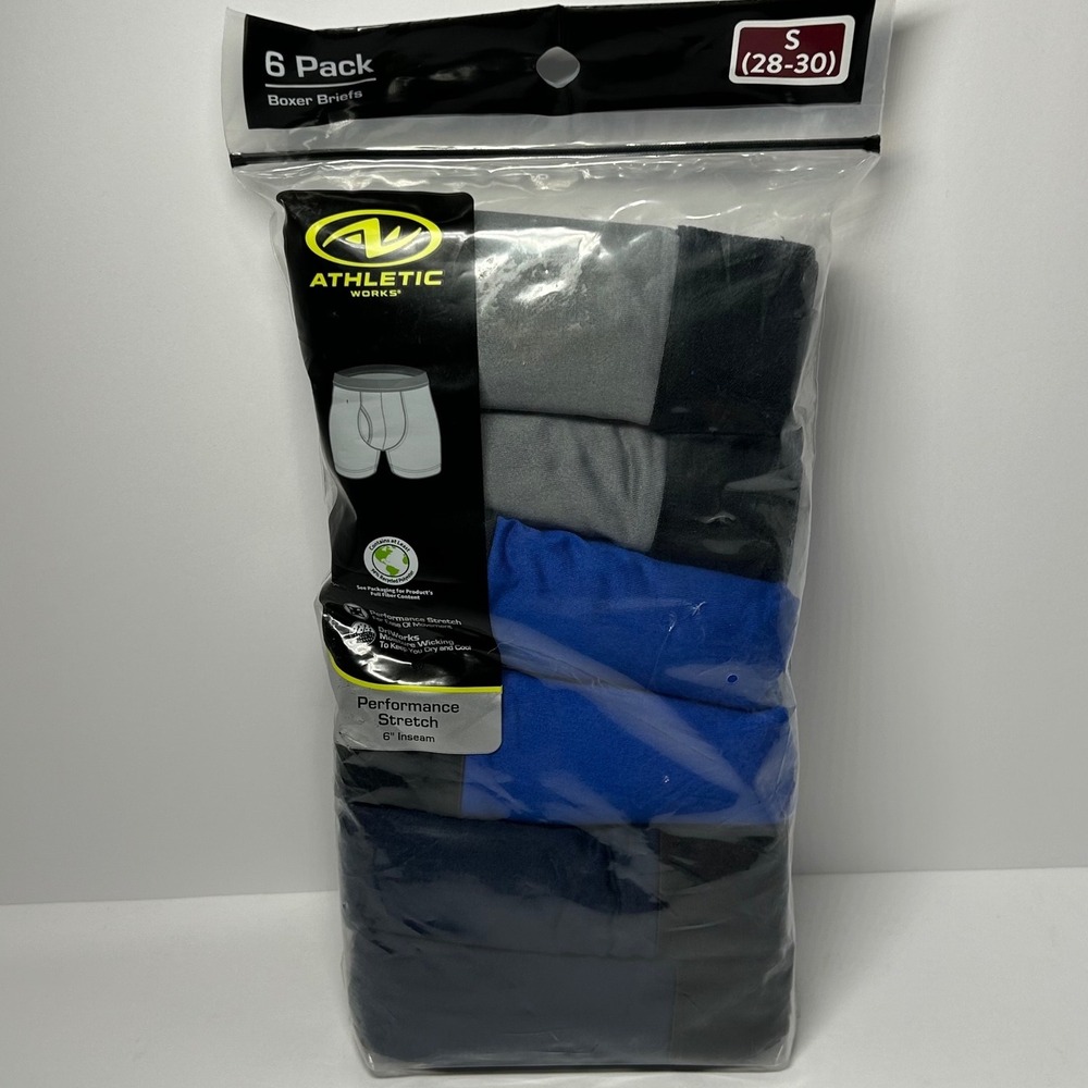 Athletic Works Mens 6 Pack Performance Stretch Boxer Briefs 6in Inseam S 28-30